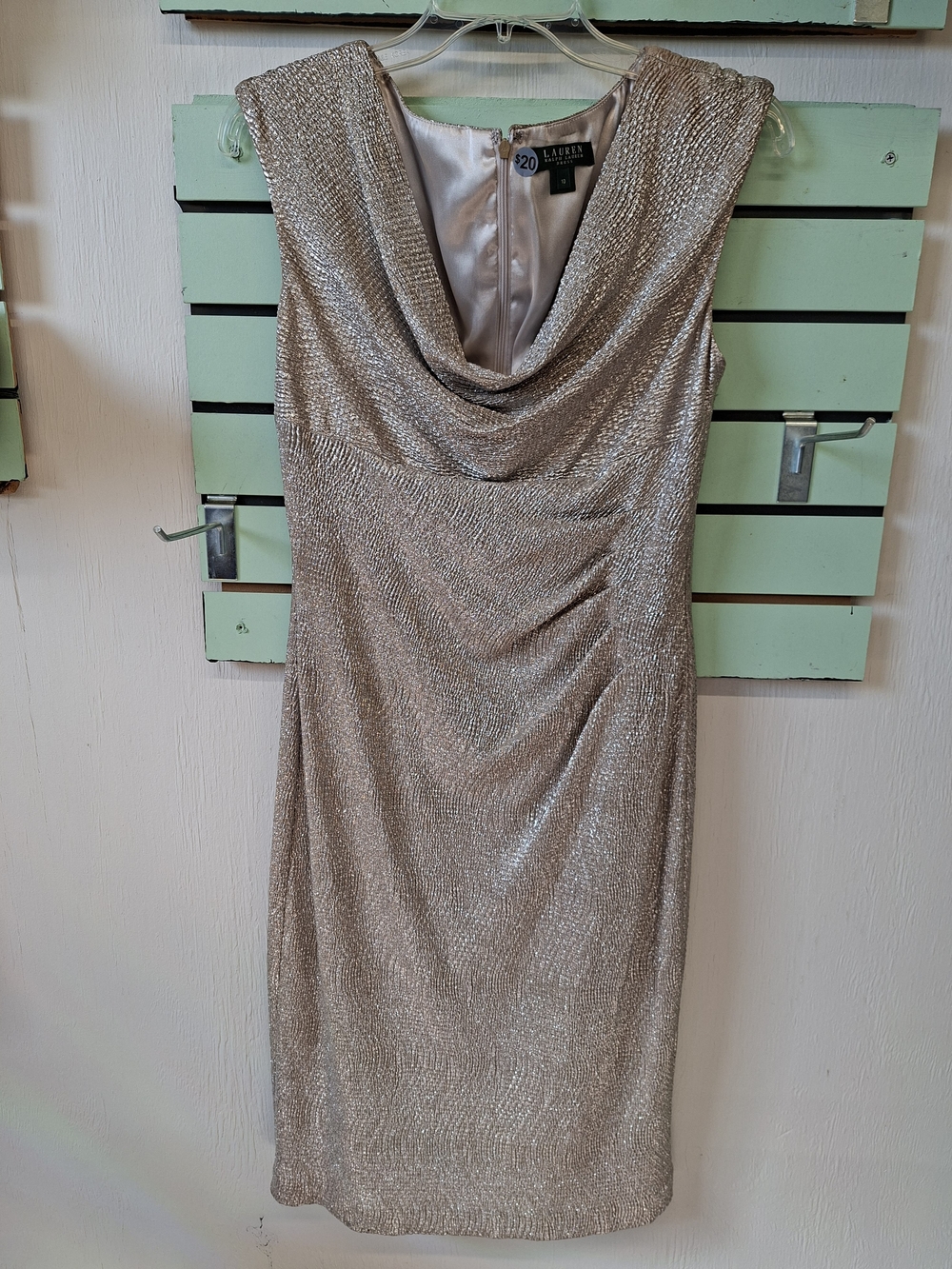 Lauren Ralph Lauren Shimmery Taupe Cowl Neck Cocktail Dress